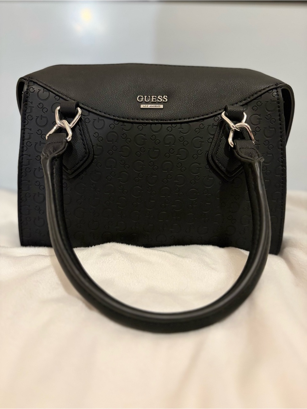 GUESS Black Embossed 4G Logo Structured Satchel Handbag With Silver Hardware - Picture 14 of 16